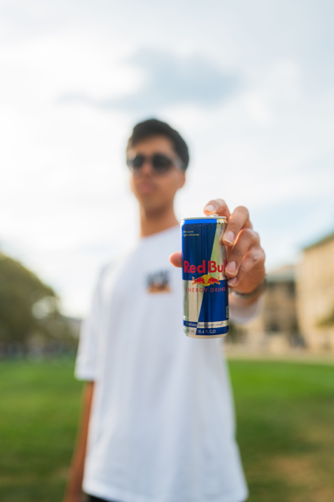 Holding a Red Bull can at the College Battle